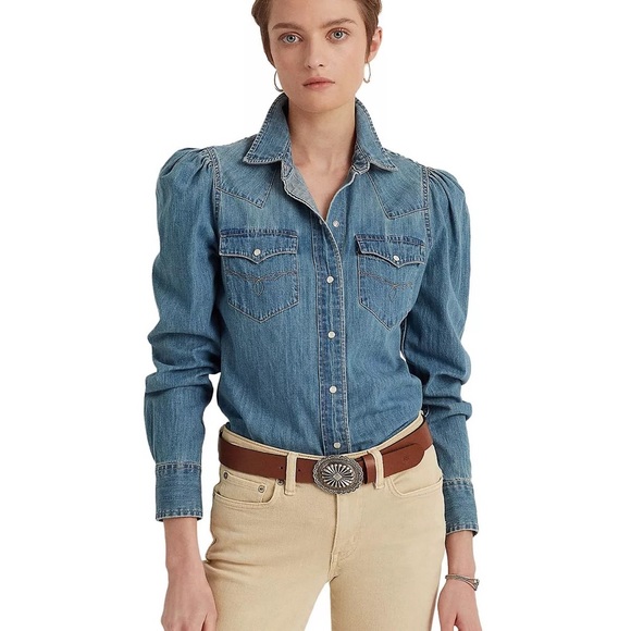 Lauren Ralph Lauren Tops - LAUREN RALPH LAUREN denim puffed sleeve top size Medium
